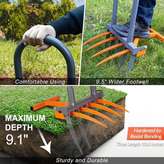 Gardening tool with features highlighted on a grassy background