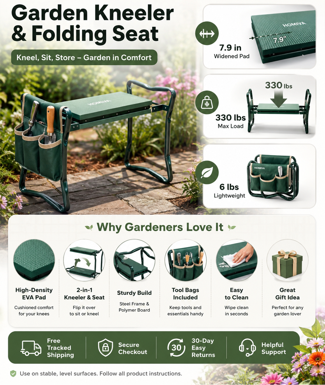 Garden kneeler and folding seat with features and benefits highlighted