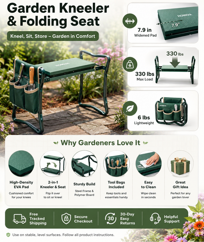 Garden kneeler and folding seat with features and benefits highlighted