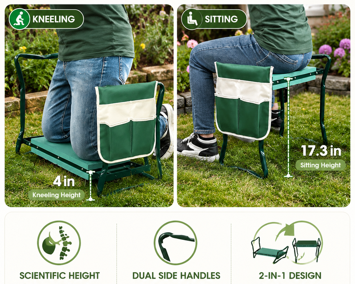 Gardening kneeler and seat with ergonomic height features, kneeling and sitting positions shown.
