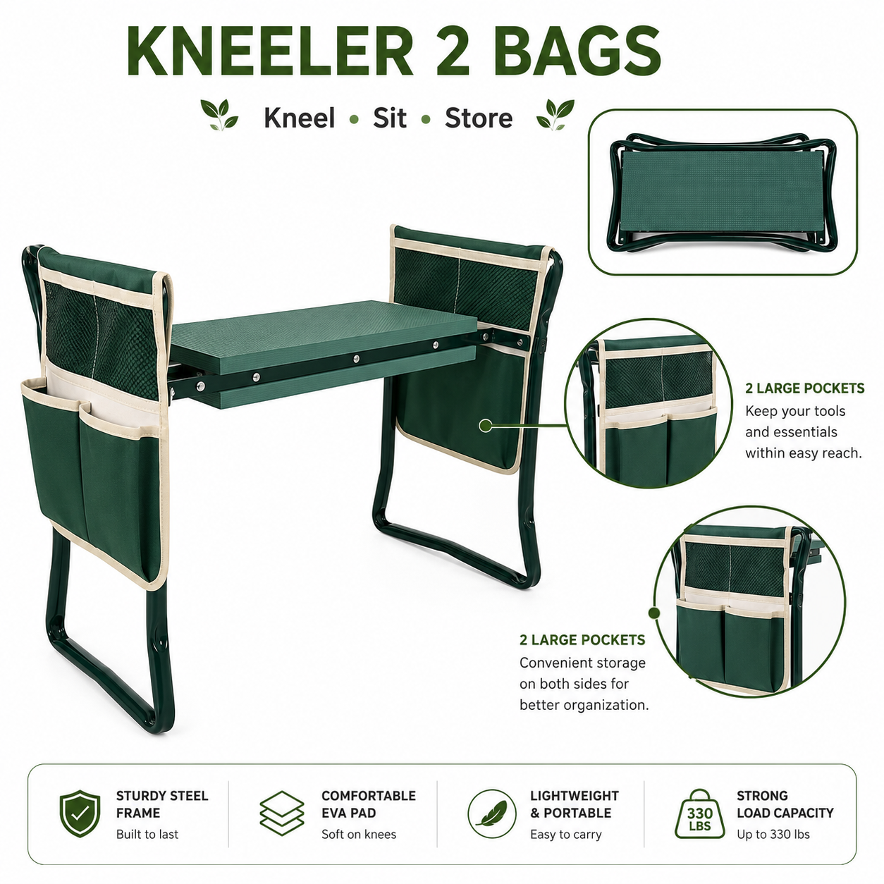 Kneeler with two bags for kneeling, sitting, and storing tools on a white background.