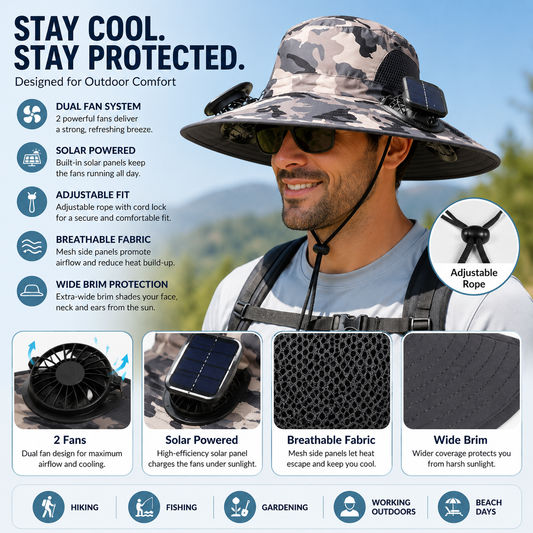 Man wearing a sun hat with solar-powered features, set against an outdoor background.