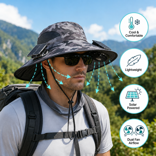 Person wearing a solar-powered sun hat with cooling features in a mountainous area.