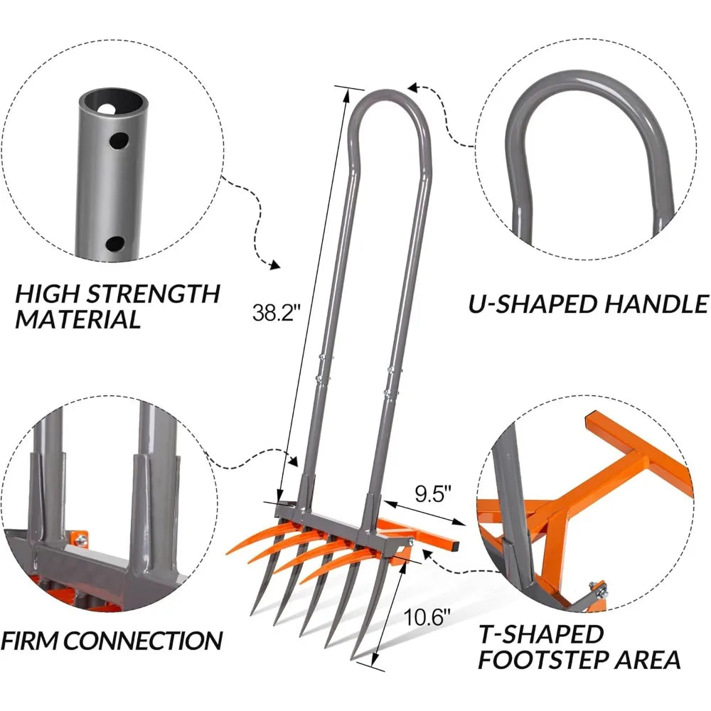 Garden fork with labeled features on a white background