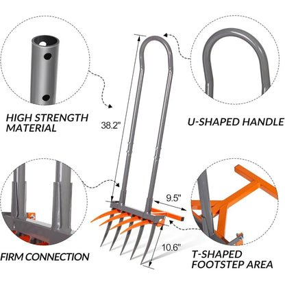 Garden fork with labeled features on a white background