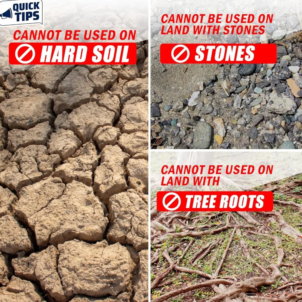 Collage of hard soil, stones, and tree roots with text indicating conditions not suitable for use.