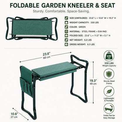 Foldable garden kneeler and seat with green color, dimensions, weight capacity, and material details on a white background.
