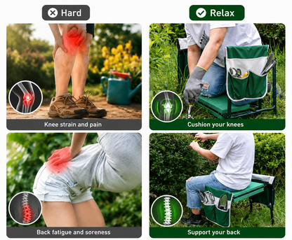 Product advertisement for a kneeling and sitting pad with images of knees and back showing discomfort, and a person using the product.